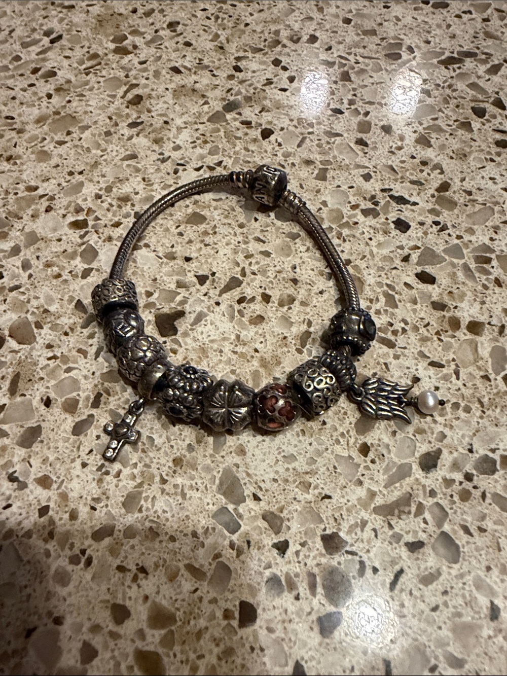 Pandora Silver Charm Bracelet with Pearl and Red Accent